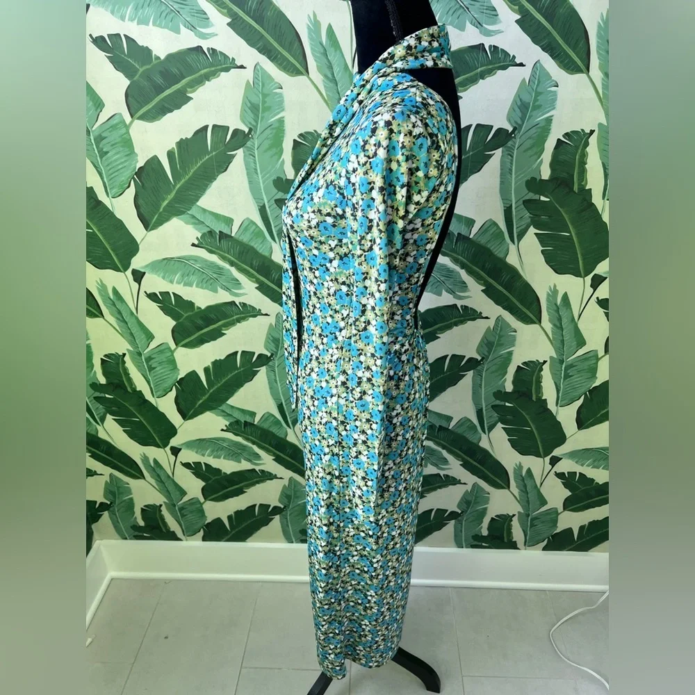 Zara‎ green blue floral long-sleeve midi dress high neck Kentucky Derby Medium